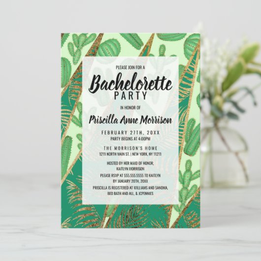 Modernes Goldgrün-Kaktus-Palmblatt geometrisch Einladung (Stehend Vorderseite)