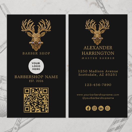 Modernes Goldhirsch-Friseurstab-Logo-Qr-Code Visitenkarte
