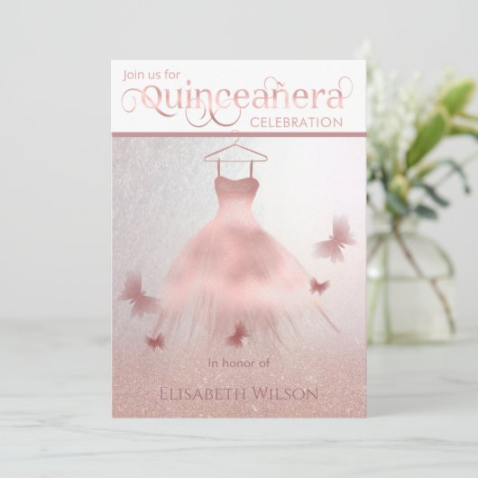 Modernes Goldkleid der Rose Quinceañera Einladung (Stehend Vorderseite)