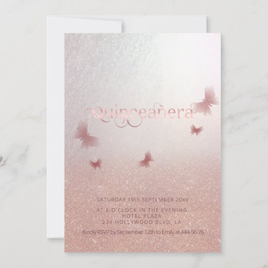 Modernes Goldkleid der Rose Quinceañera Einladung (Rückseite)