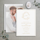 Modernes Goldleafy-Wappen Monogram-Foto Hochzeit Einladung