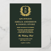 Modernes Goldleafy-Wappen Monogram-Foto Hochzeit Folieneinladung (Vorderseite)