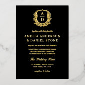 Modernes Goldleafy-Wappen Monogram-Foto Hochzeit Folieneinladung (Vorderseite)