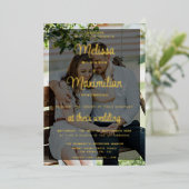 Modernes Goldskript 2 Fotos Hochzeit Folieneinladung (Stehend vorne)