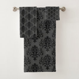 Modernes Gothic Gray Black Damask Muster Badhandtuch Set