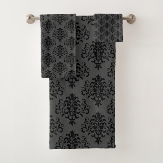 Modernes Gothic Gray Black Damask Muster Badhandtuch Set (Insitu)