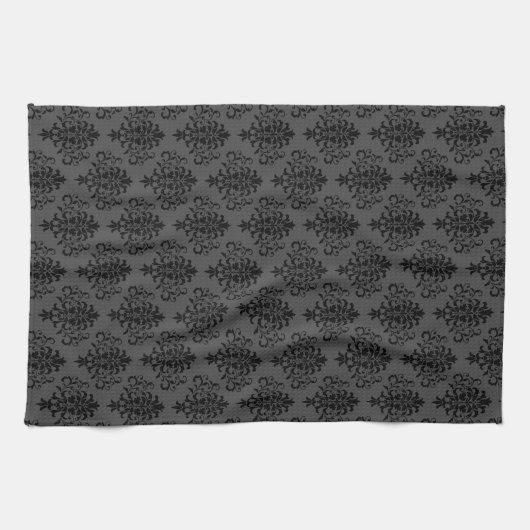 Modernes Gothic Gray Black Damask Muster Geschirrtuch (Horizontal)
