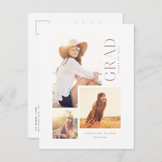 Modernes Grad 3 Foto Collage Gold Ankündigungspostkarte (Vorne/Hinten)