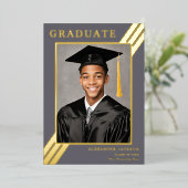 Modernes Grad Foto Grau und Gold Folieneinladung (Stehend vorne)