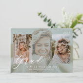 Modernes Grad-Grün-Overlay Grad Drei Foto Einladung (Stehend Vorderseite)