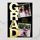Modernes Grad Party 3 Foto Schwarz und Gold Folieneinladung (Vorderseite)
