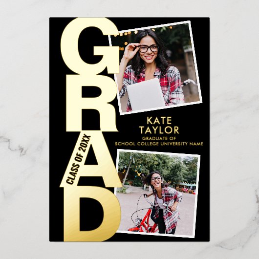 Modernes Grad Party 3 Foto Schwarz und Gold Folieneinladung (Vorderseite)