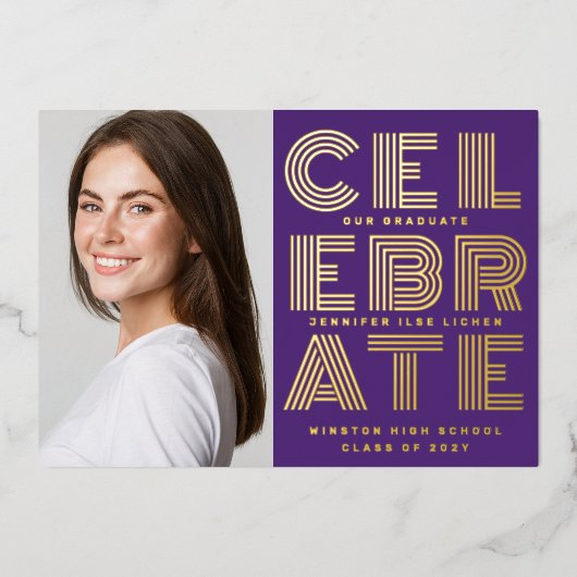 MODERNES GRAD PARTY zwei Foto Gold lila Folieneinladung (Vorderseite)