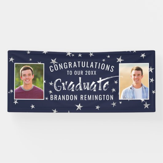 Modernes Graduate 2 Foto Navy Blue Silver White Banner (Horizontal)