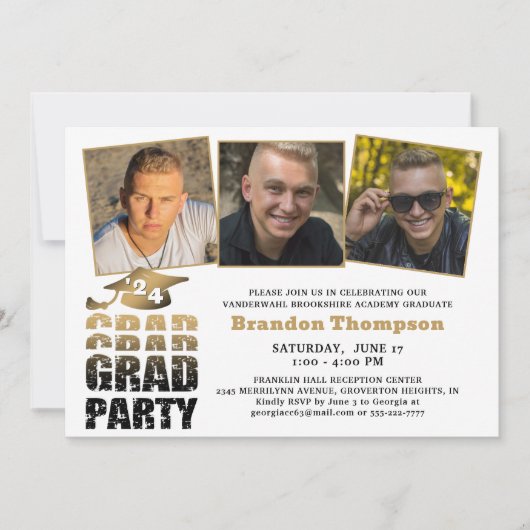 Modernes Graduate 3 Fotos Schwarzes Gold Einladung (Vorderseite)