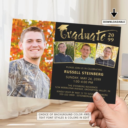 Modernes Graduate 4 Fotos Schwarzes Gold Hand Lett Einladung