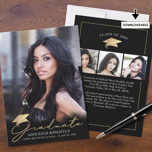 Modernes Graduate 4 Fotos Script Cap Black Gold Ankündigung