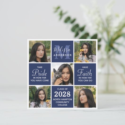 Modernes Graduate 5 Foto Navy Blue Abschluss Invit Einladung (Stehend Vorderseite)