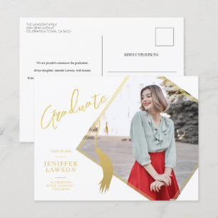 Modernes Graduate Cap Gold & White Foto Abschluss Ankündigungspostkarte