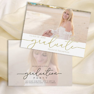Modernes Graduate Einfache Elegante Gold Zwei Foto Einladung