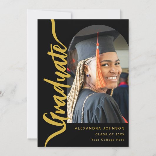 Modernes Graduate Foto Arch Black Gold Script Ankündigung (Vorderseite)