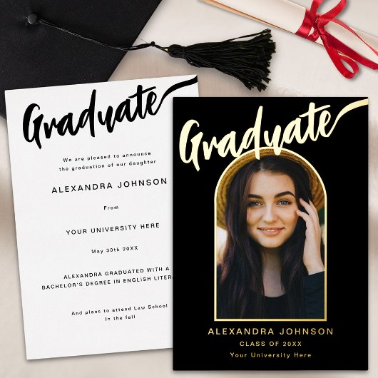 Modernes Graduate Foto Arch Calligraphy Black Gold Folieneinladung