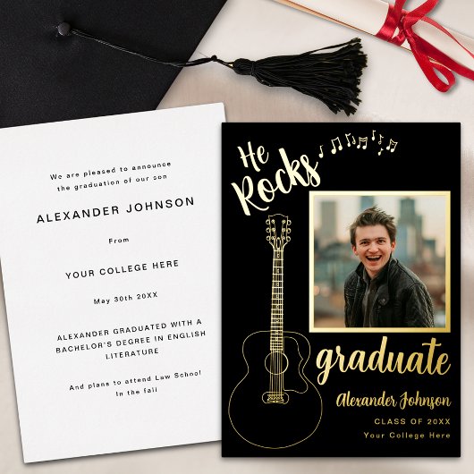 Modernes Graduate Foto Gitarre Black und Gold Folieneinladung