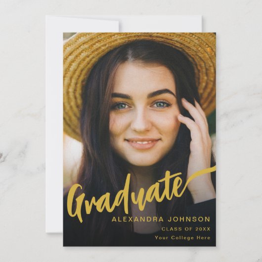 Modernes Graduate Foto Gold Script Black Ankündigung (Vorderseite)