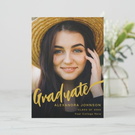 Modernes Graduate Foto Gold Script Black Ankündigung (Stehend Vorderseite)