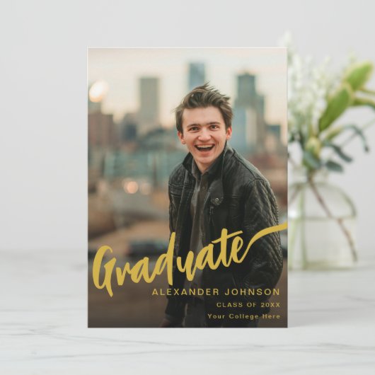 Modernes Graduate Foto Gold Script Black Ankündigung (Stehend Vorderseite)