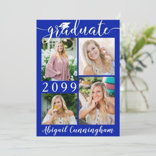 Modernes Graduate Royal Blue 5 Foto Script Ankündigung (Stehend Vorderseite)