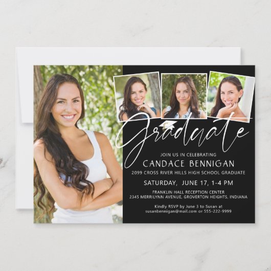 Modernes Graduate Script 4 Foto Schwarz-weiß Einladung (Vorderseite)