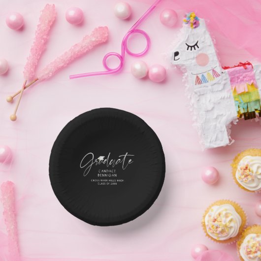 Modernes Graduate Script White Cap Black Pappteller (Party)