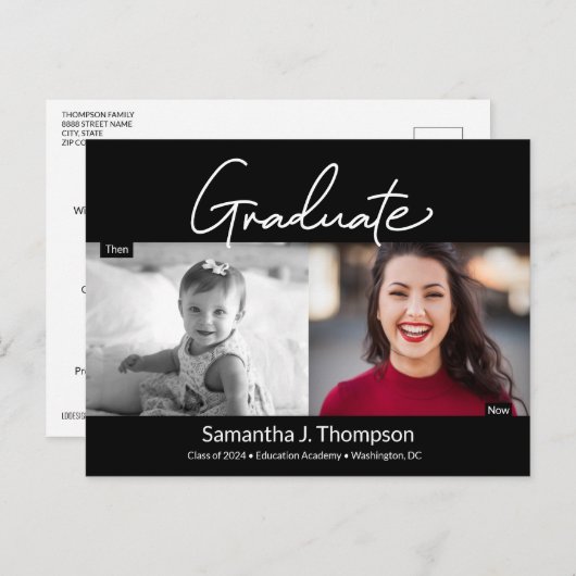 Modernes Graduiertenskript Dann und Jetzt Grad Fot Ankündigungspostkarte (Vorne/Hinten)