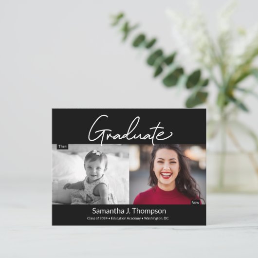 Modernes Graduiertenskript Dann und Jetzt Grad Fot Ankündigungspostkarte (Stehend Vorderseite)