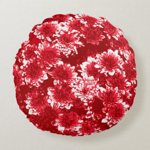 Modernes grafisches Dahlia-Muster, dunkelrot und w Rundes Kissen