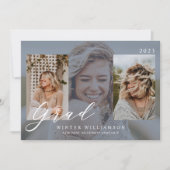 Modernes Grand Script Blue Overlay Grad Drei Foto Einladung (Vorderseite)