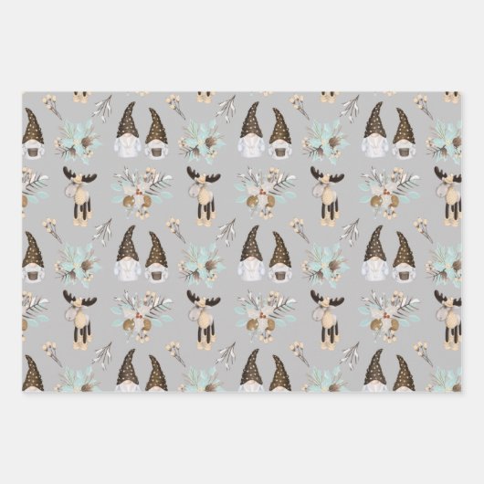 Modernes, grau-neutrales Gnommuster Geschenkpapier Set (Vorderseite 2)