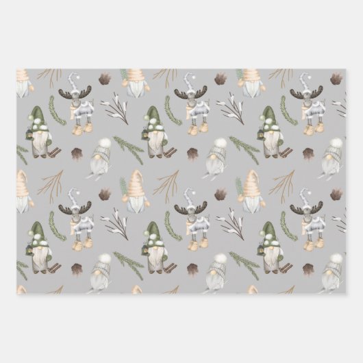 Modernes, grau-neutrales Gnommuster Geschenkpapier Set (Vorderseite)