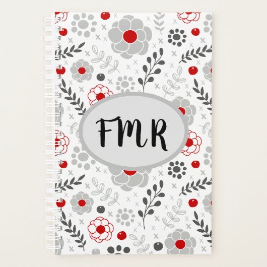 Modernes Grau-Rot-Bläschen-Monogramm Planer (Vorderseite)