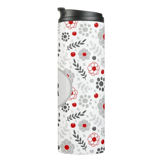 Modernes Grau-Rot-Bläschen-Monogramm Thermosbecher (Nach rechts gedreht)