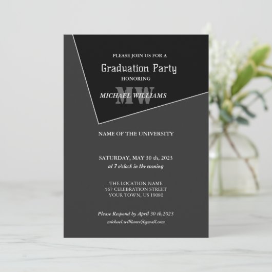 Modernes Grau-Schwarz-Monogramm Einladung (Stehend Vorderseite)