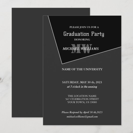 Modernes Grau-Schwarz-Monogramm Einladung (Vorne/Hinten)