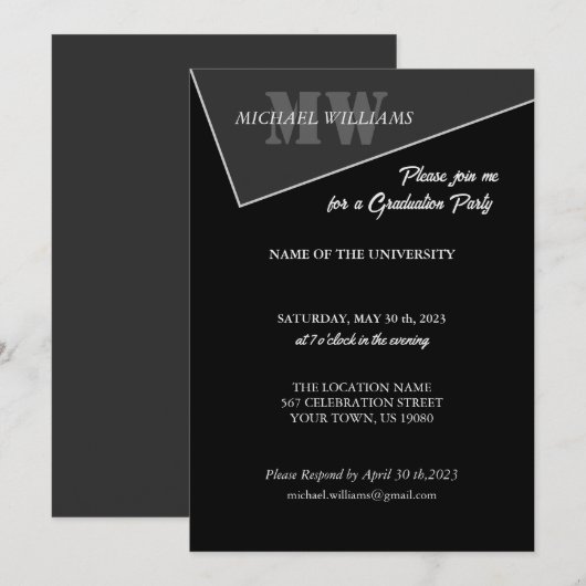 Modernes Grau-Schwarz-Monogramm Einladung (Vorne/Hinten)