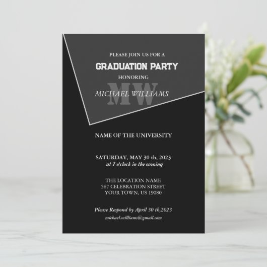 Modernes Grau-Schwarz-Monogramm Einladung (Stehend Vorderseite)