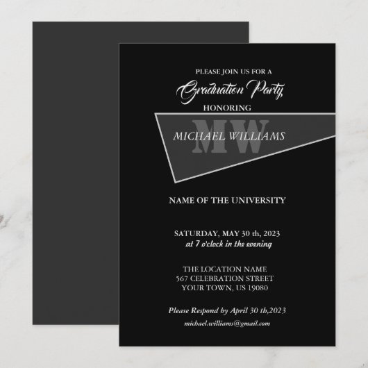 Modernes Grau-Schwarz-Monogramm Einladung (Vorne/Hinten)