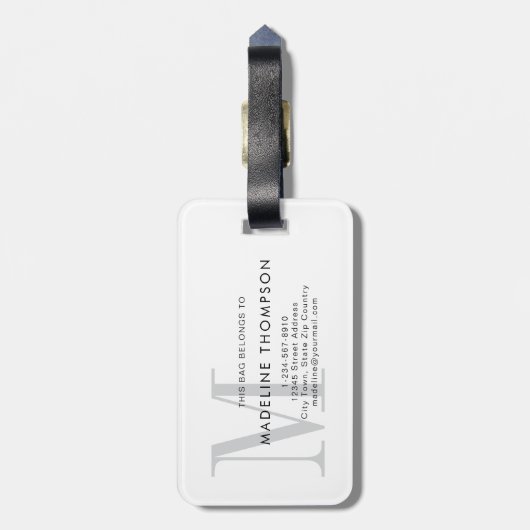 Modernes Grau-Weiß-Monogramm Gepäckanhänger (Rückseite vertikal)