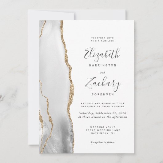 Modernes, grau-weißes Gold Agate QR Code Hochzeit Einladung (Vorderseite)