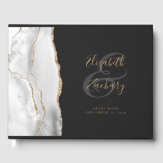 Modernes Grau White Agate Gold Script dunkel Gästebuch (Vorderseite)