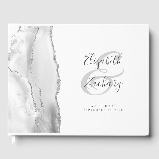Modernes Grau White Agate Silver Script Gästebuch (Vorderseite)